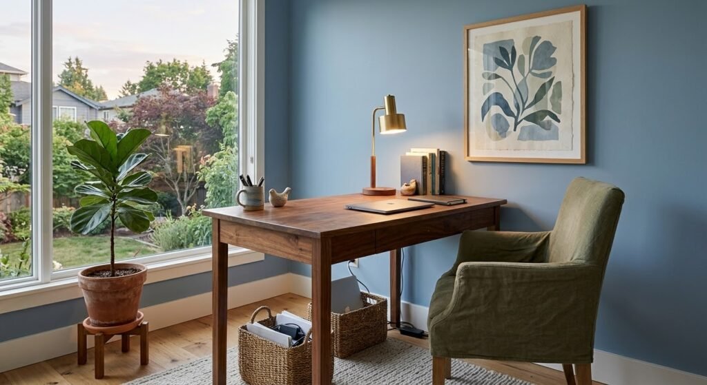 cozy home office with warm wood desk, artwork, plant, and olive chair