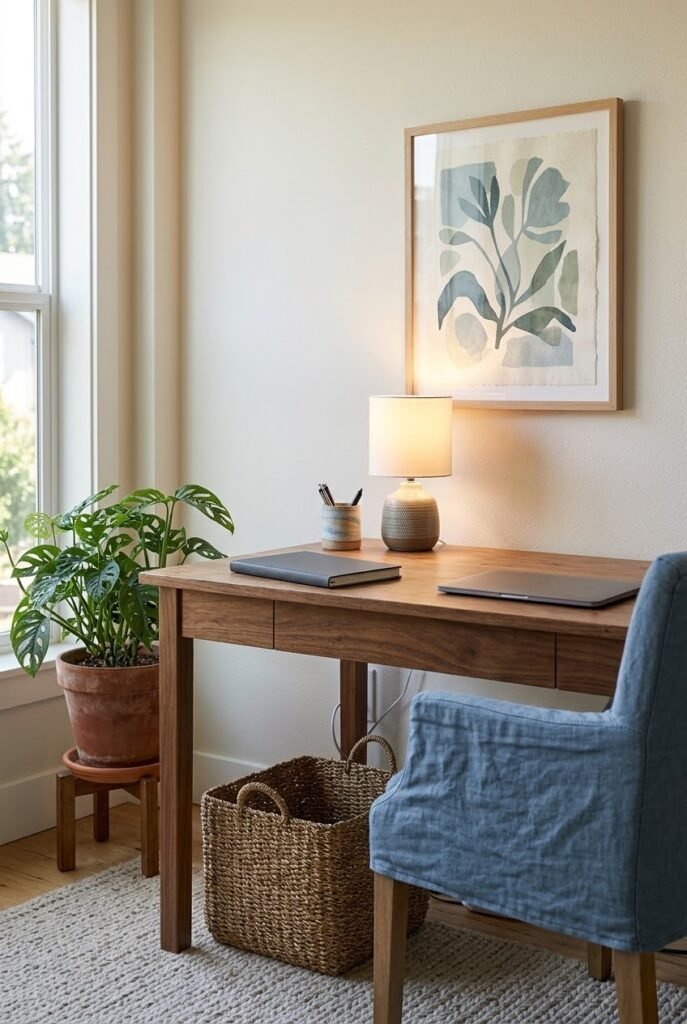 home office desk with comfortable dusty blue chair and natural wood