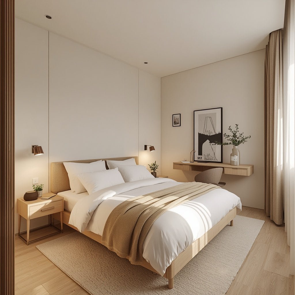 Small bedroom with soft white walls, cream bedding, beige curtains, and light wood furniture