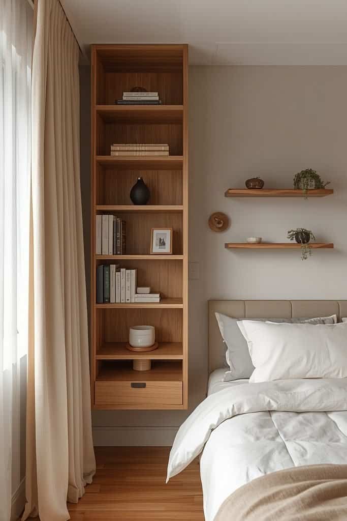 Small bedroom with tall shelving, floating shelves, and curtains extending toward the ceiling