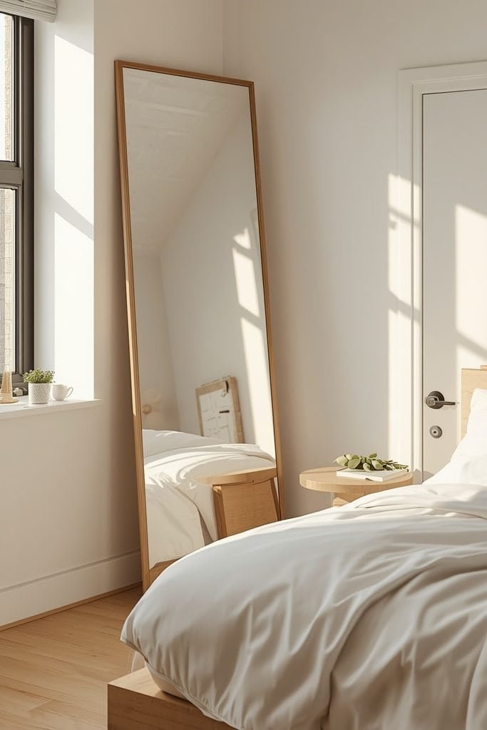 Small bedroom with a large full-length mirror reflecting natural light from a nearby window