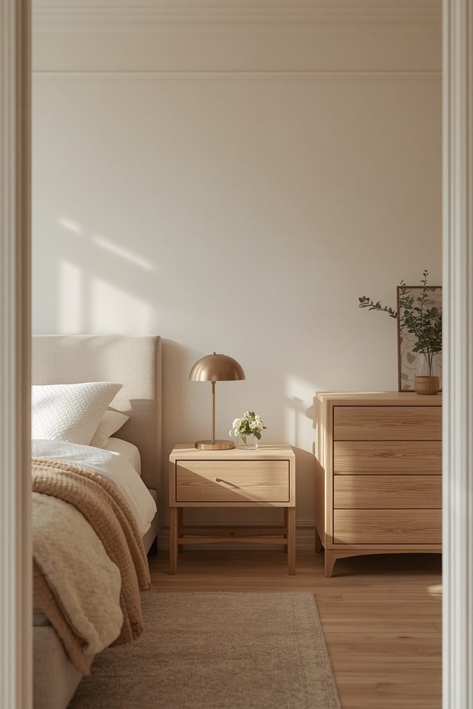 Compact bedroom with a slim bed, narrow nightstand, and space-saving furniture