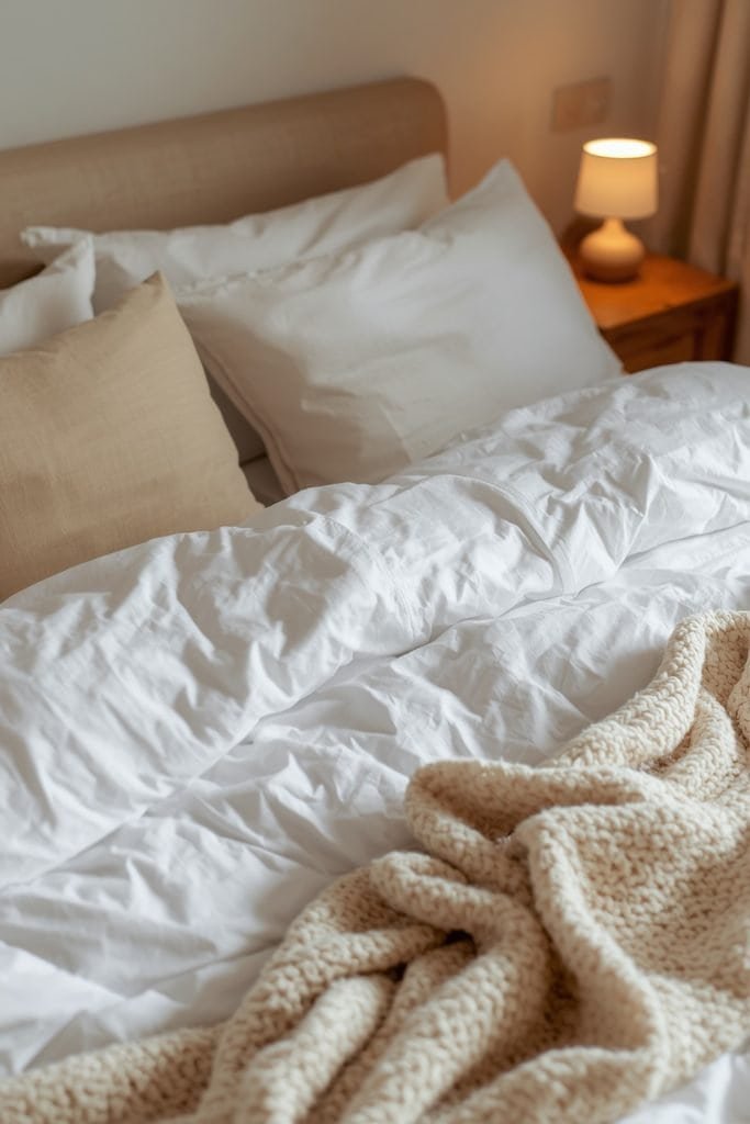 Small bedroom with a neatly layered bed, white linen bedding, pillows, and a textured throw