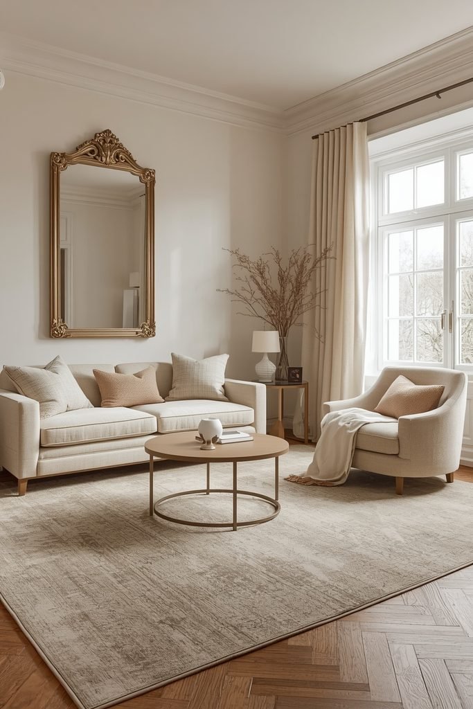small living room ideas with large rug and mirror