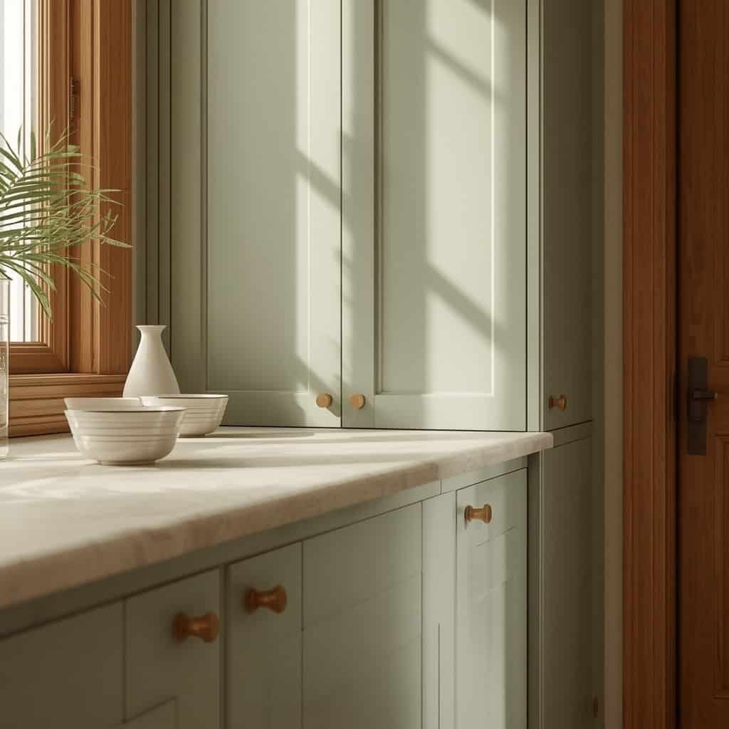 sage green kitchen cabinets with brass hardware