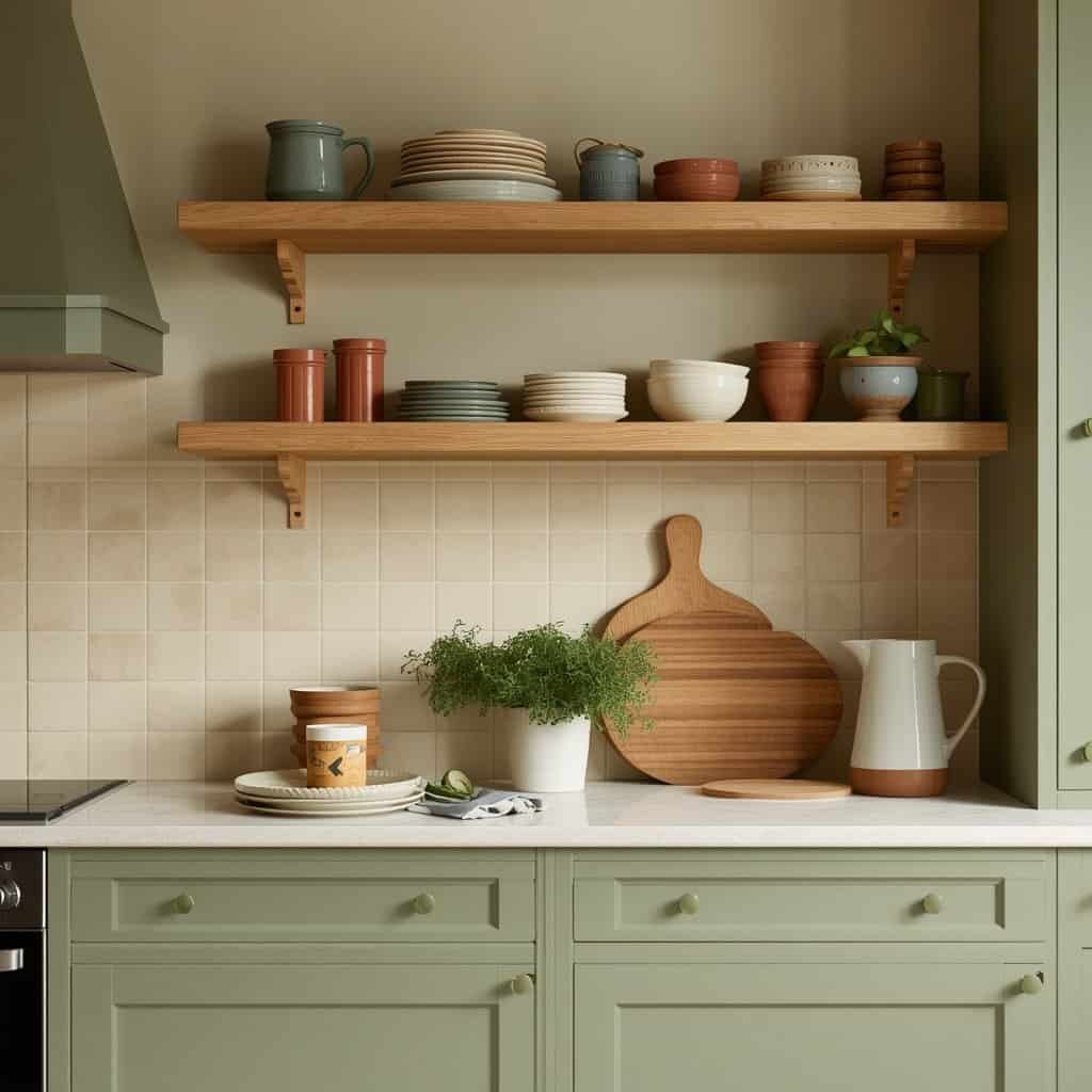 sage green kitchen with natural wood shelves and cream backsplash