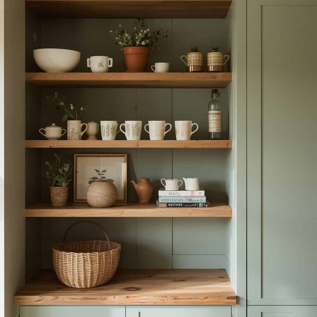 decorated open shelves in a sage green kitchen