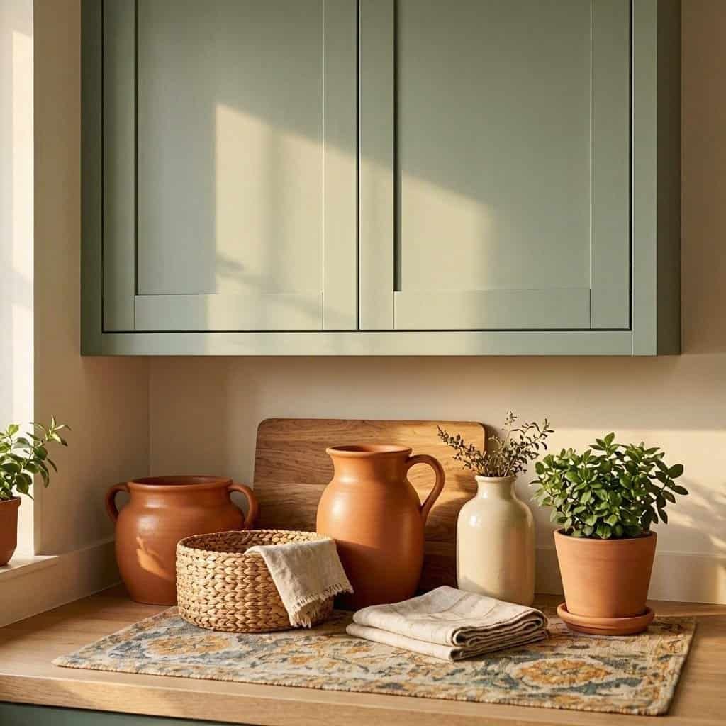 sage green kitchen decor with terracotta and natural textures