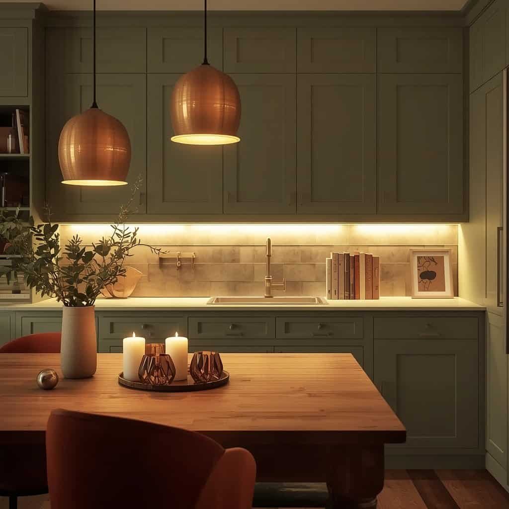 cozy sage green kitchen with warm lighting and decor