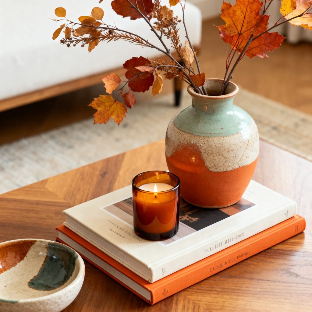 fall coffee table decor with candles and autumn branches