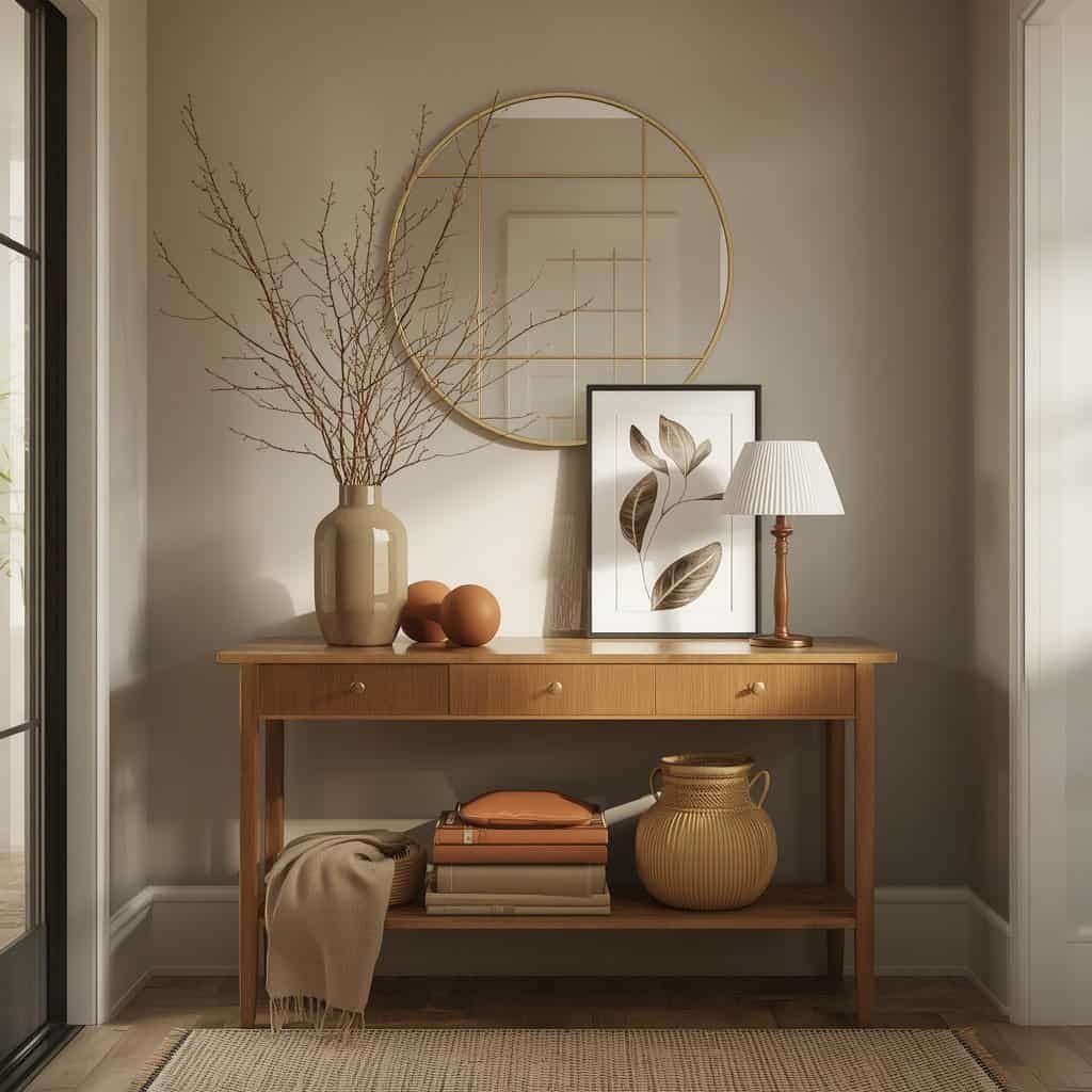 cozy fall entryway with warm wood and seasonal decor