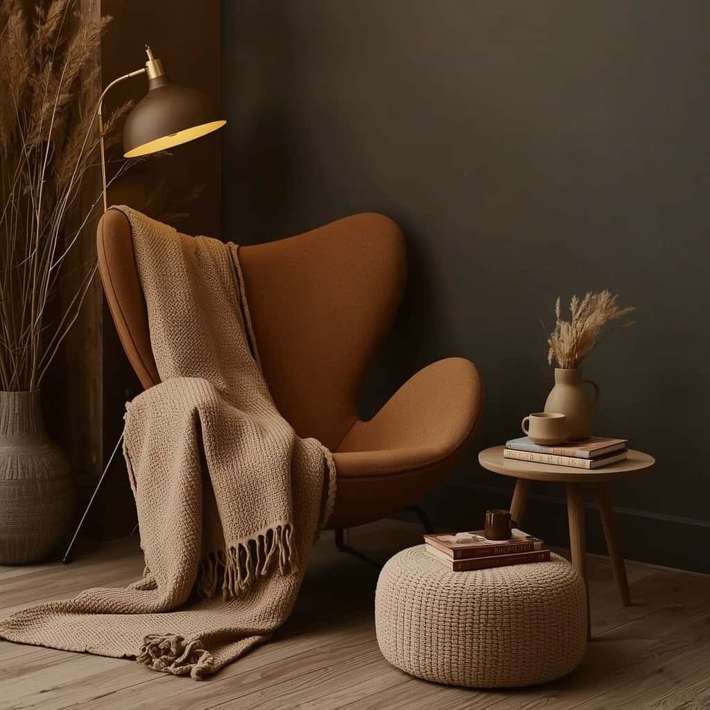 cozy fall reading corner with textured textiles and warm lighting