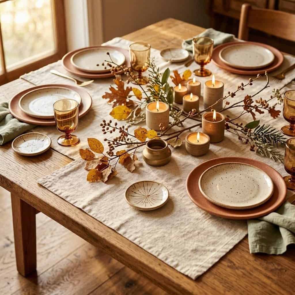 autumn dining table with candles and natural fall centerpiece