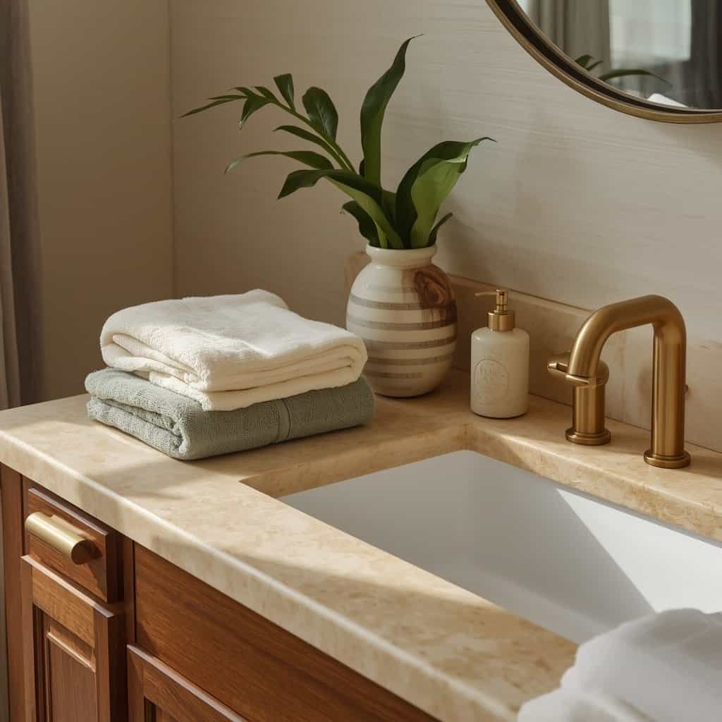 elegant bathroom decor ideas vanity with folded towels and decorative accessories