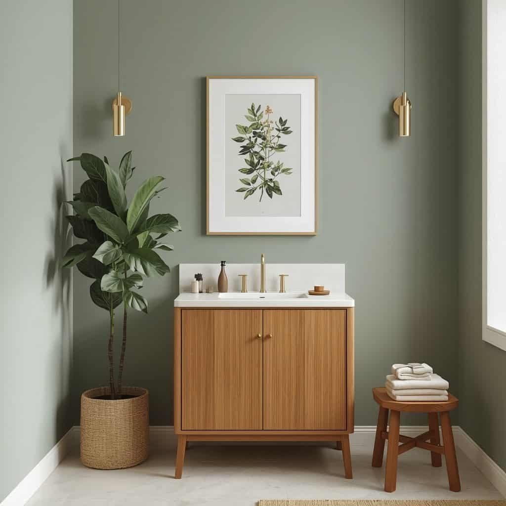 sage green bathroom with botanical artwork and natural decor