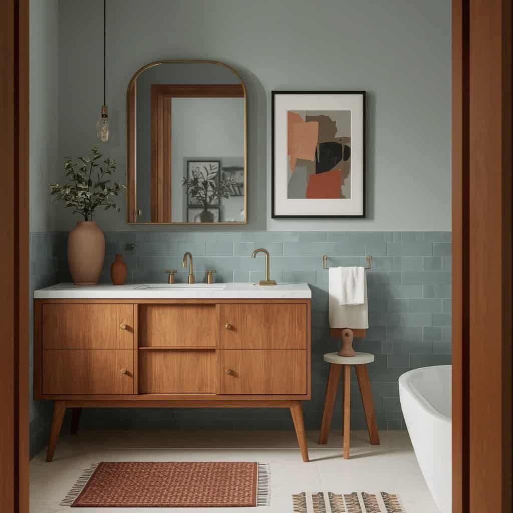 colorful bathroom decor with dusty blue sage green and terracotta