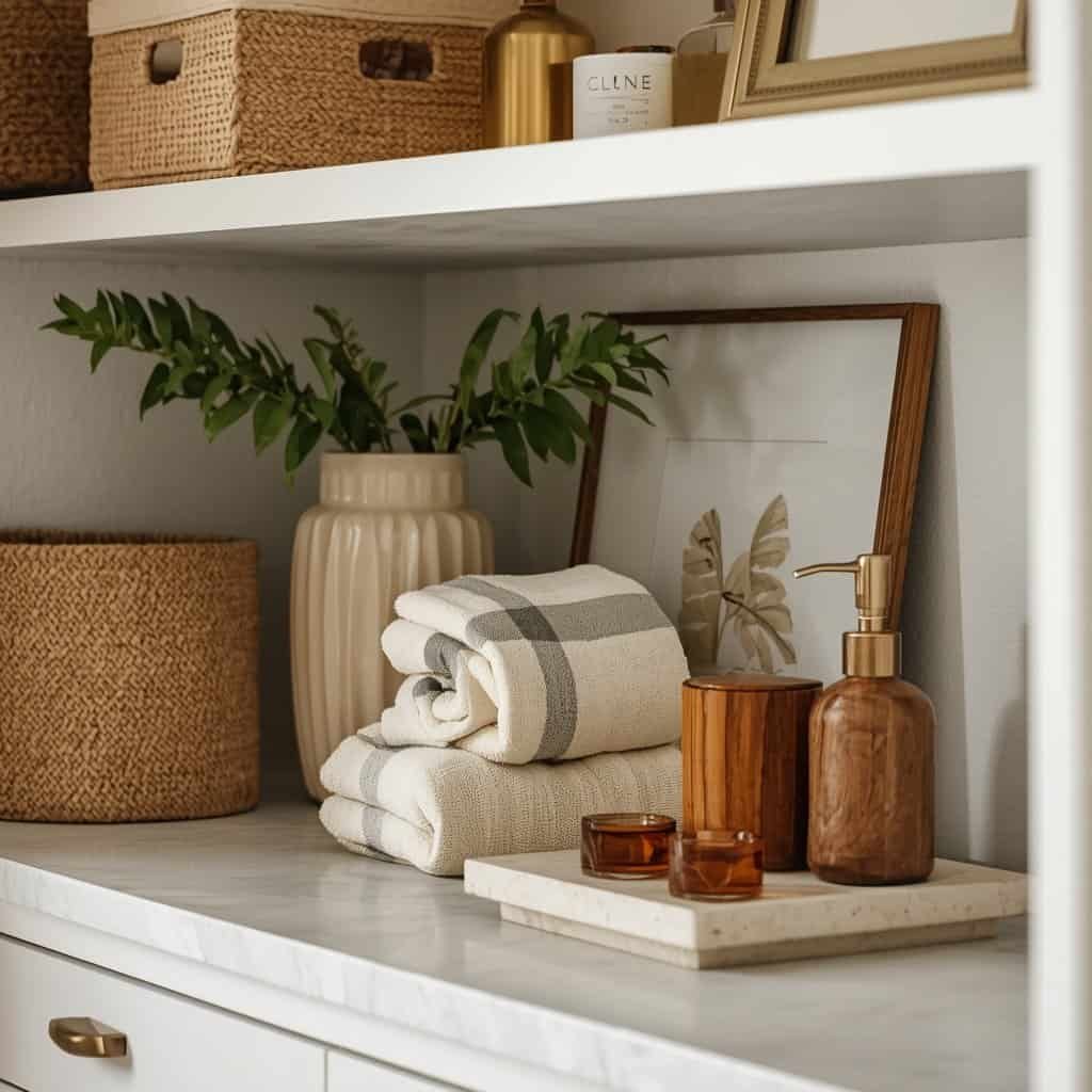 luxury bathroom styling with ceramics towels plants and woven storage