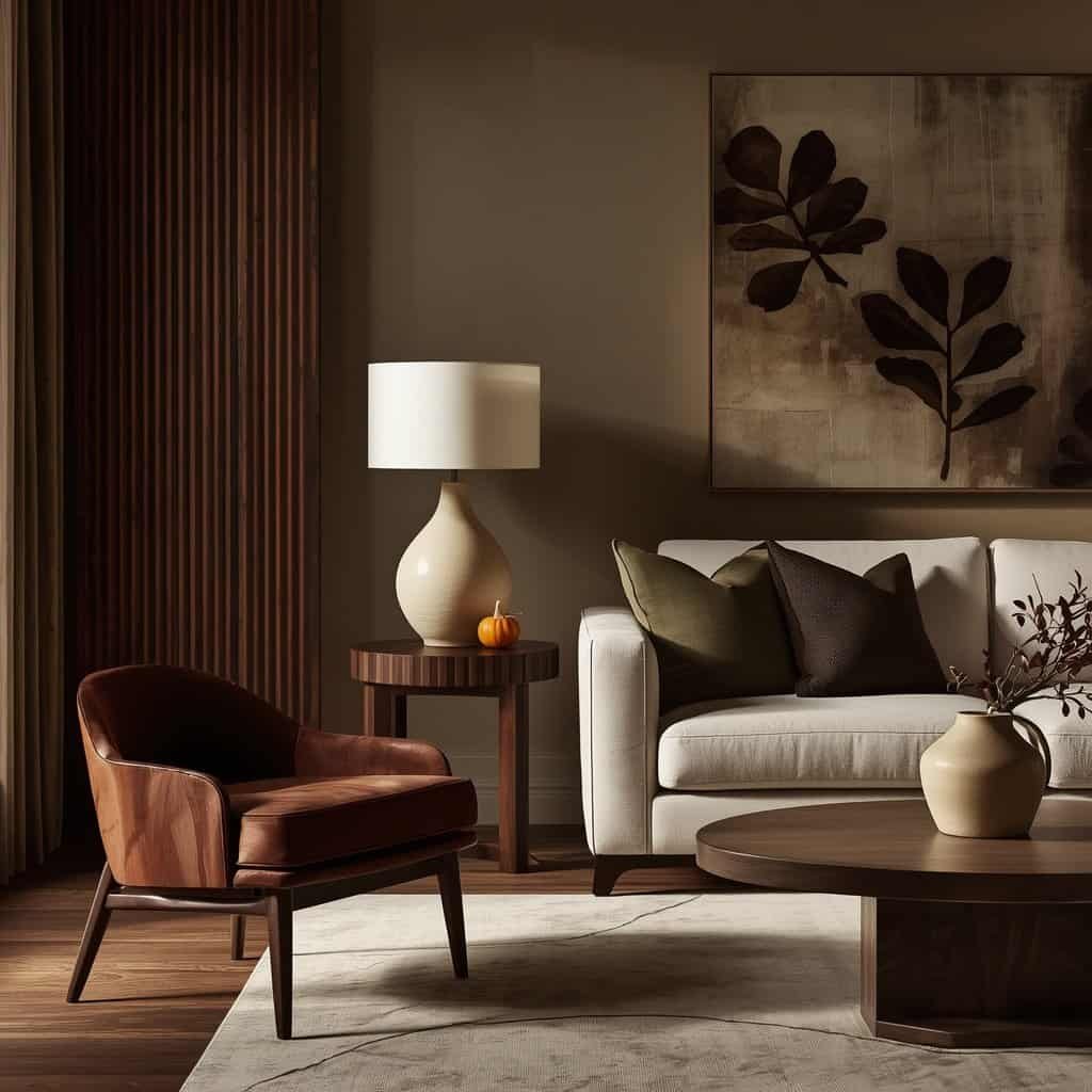 chocolate brown and dark wood fall living room decor
