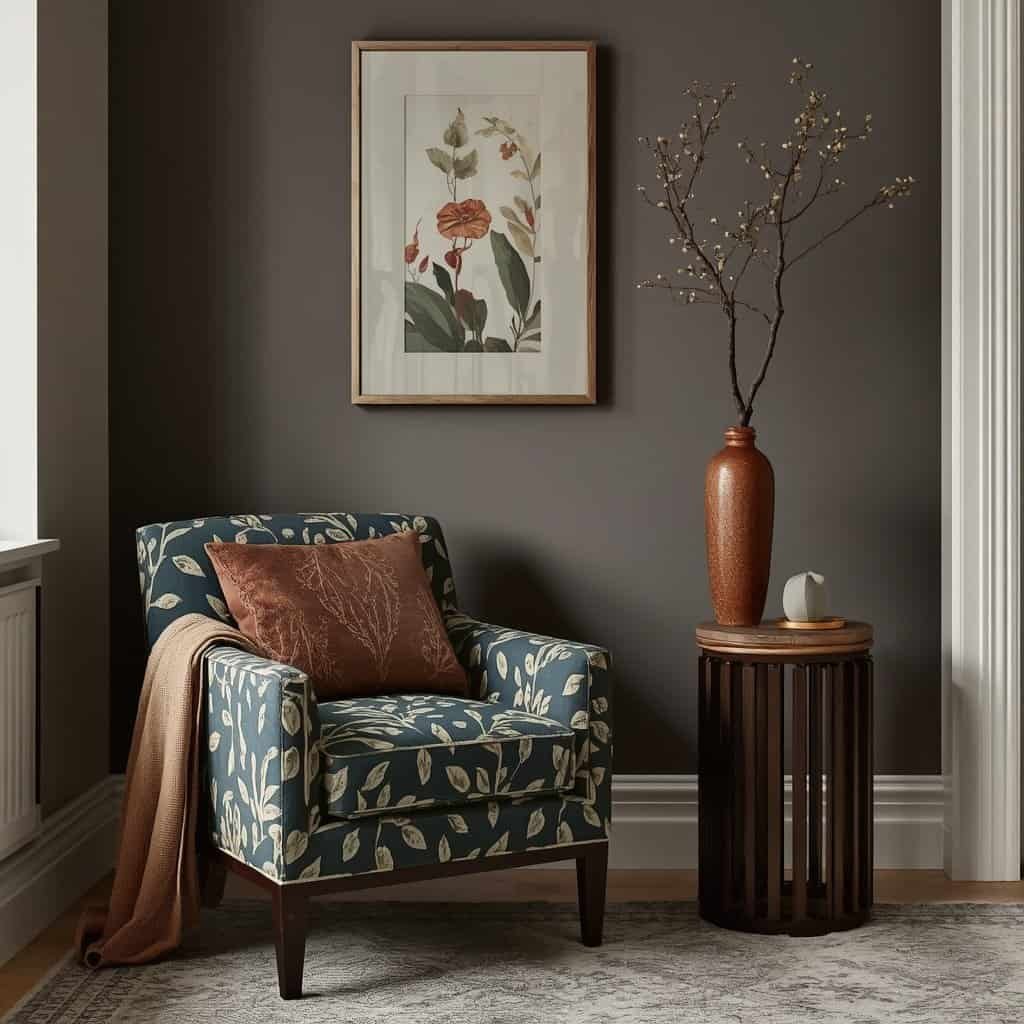 botanical pattern and autumn colors in a cozy interior
