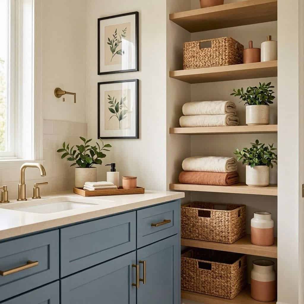 organized bathroom with stylish storage baskets and shelves