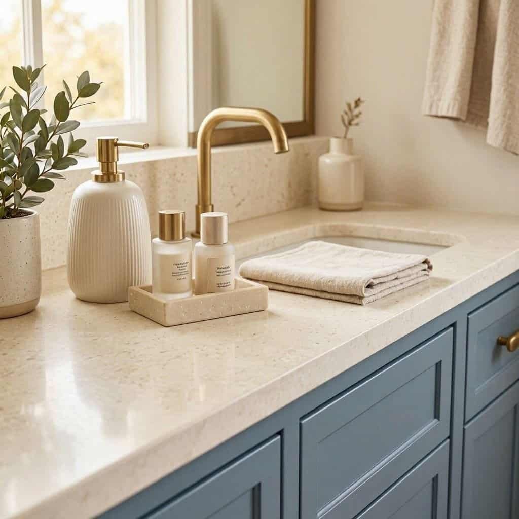 organized bathroom vanity with tray and everyday essentials