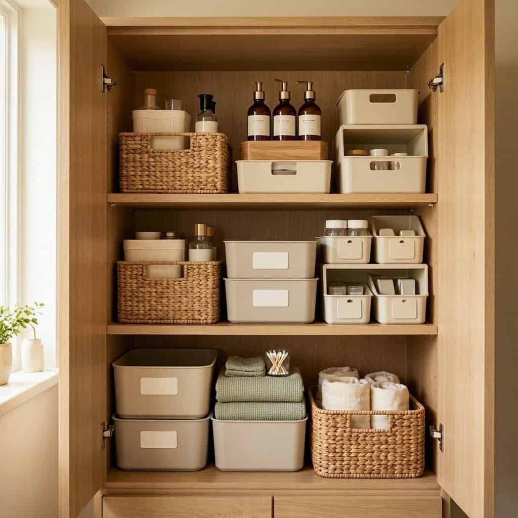 organized bathroom cabinet with baskets and storage containers