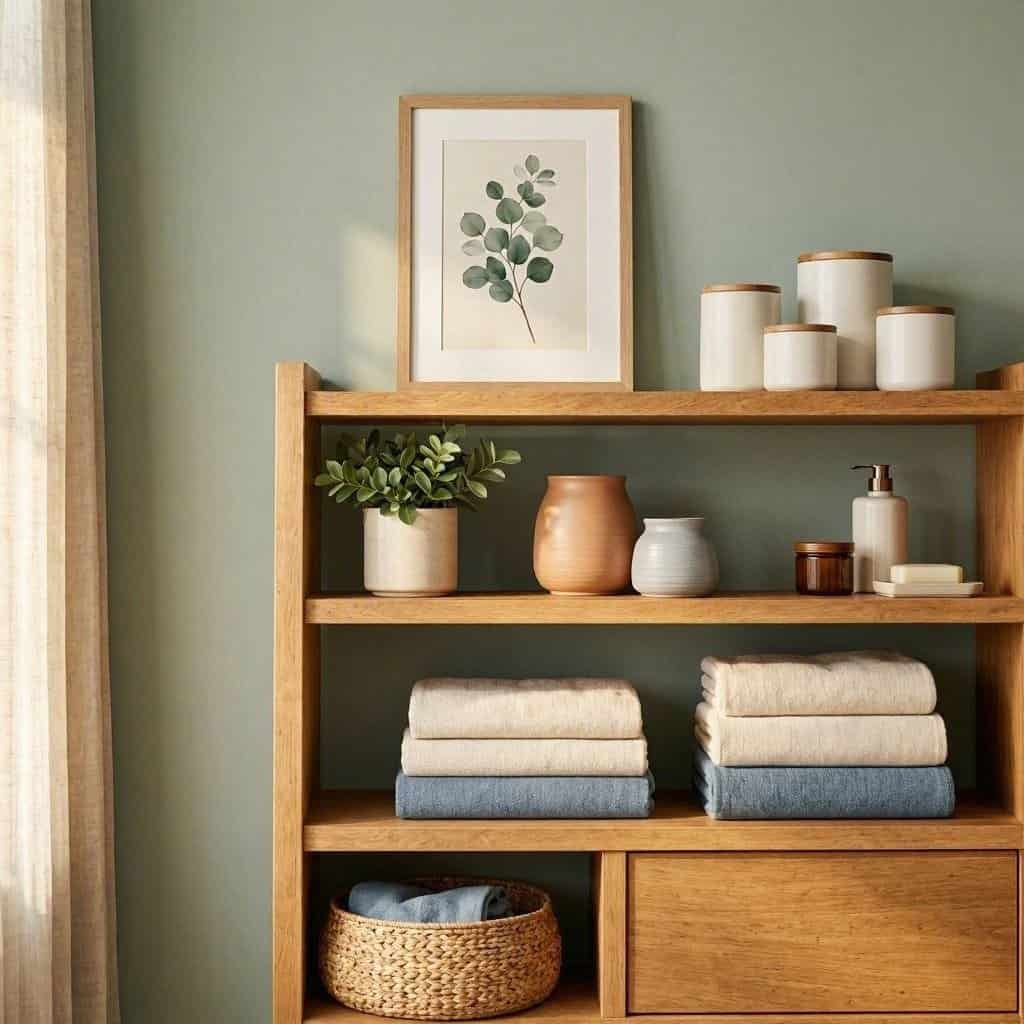 stylish bathroom open shelves with towels baskets and decor