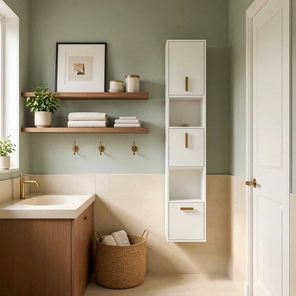small bathroom with vertical wall storage and floating shelves