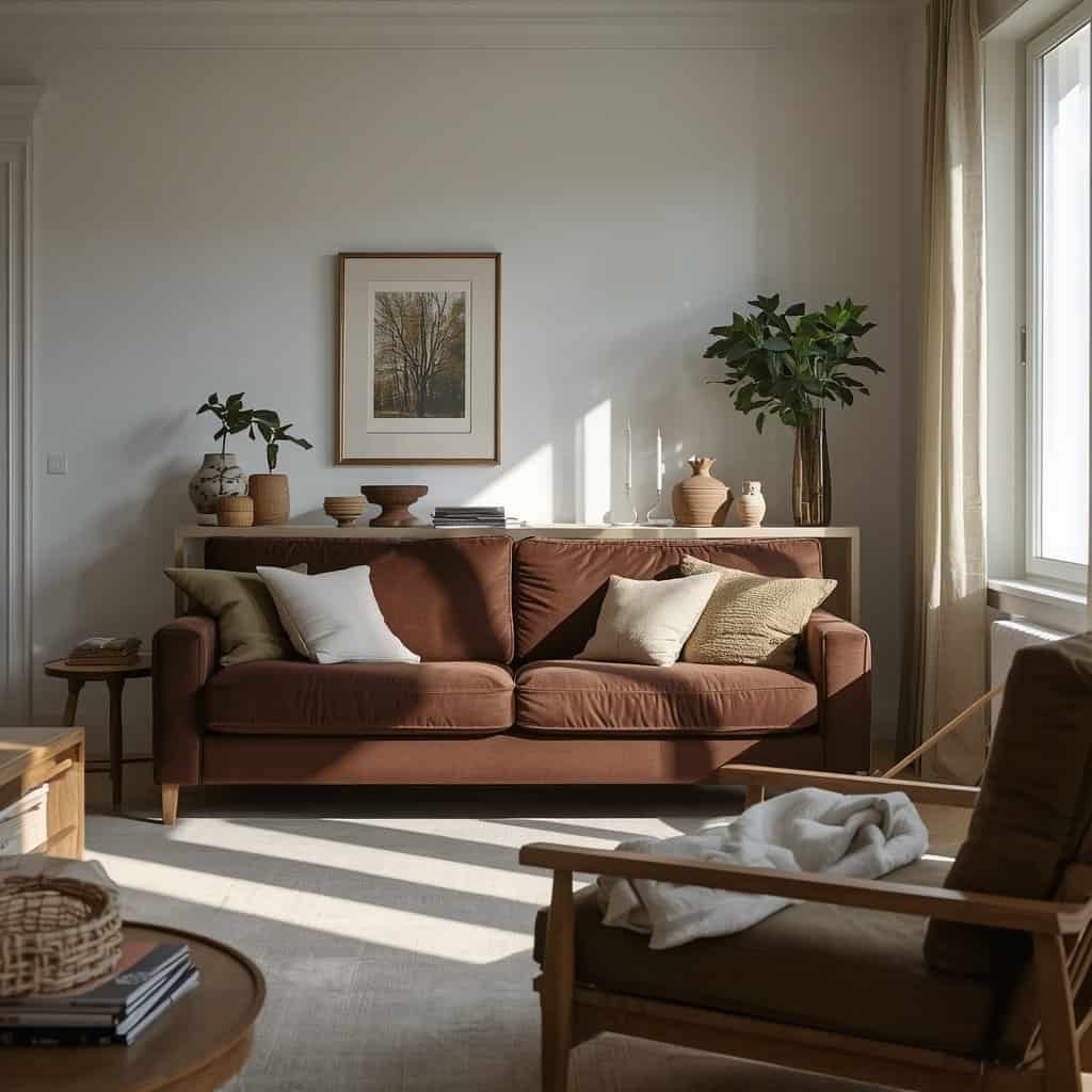 Living room with a chocolate brown sofa, olive green accents, cream textiles, and natural wood furniture