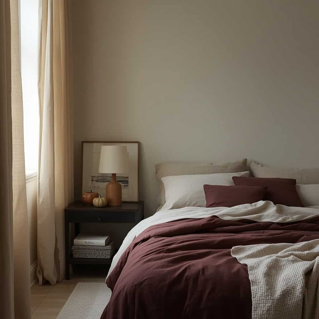 Bedroom with deep burgundy bedding, warm cream linen, dark wood furniture, and natural textures