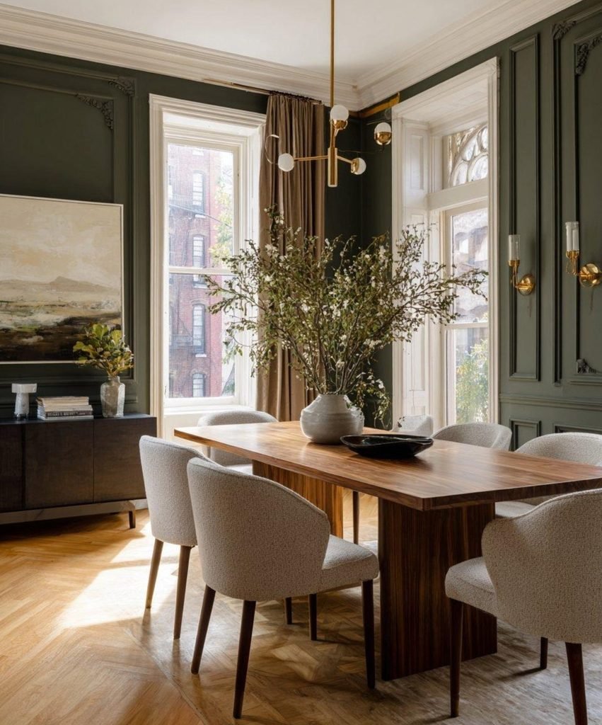 Dining room with olive green chairs, a dark oak table, cream walls, and simple ceramic decor