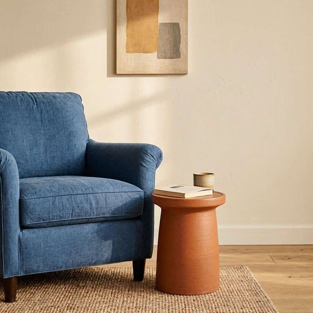 Reading corner with a dusty blue armchair, burnt terracotta side table, natural wood, and woven textures