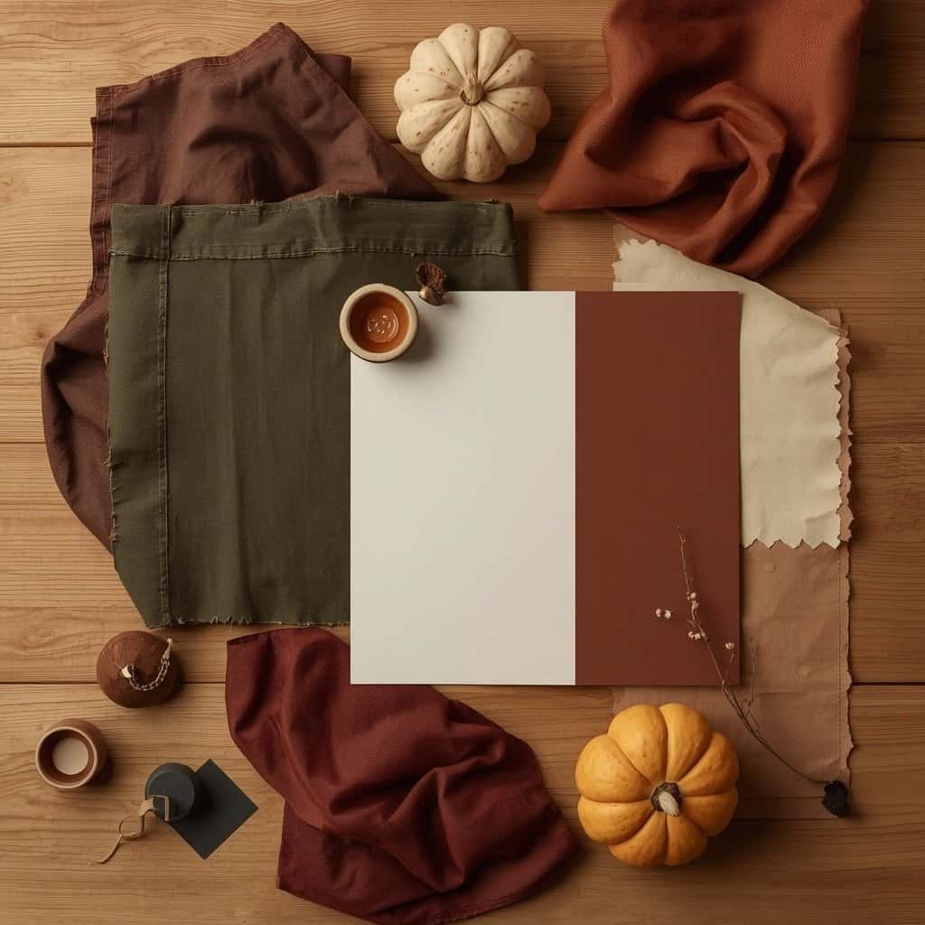 Autumn color palette with chocolate brown, olive green, burgundy, terracotta, cream, and charcoal textiles