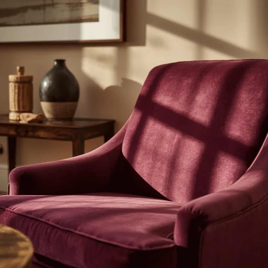 Aubergine accent chair with warm cream walls, dark wood furniture, artwork, and textured decor