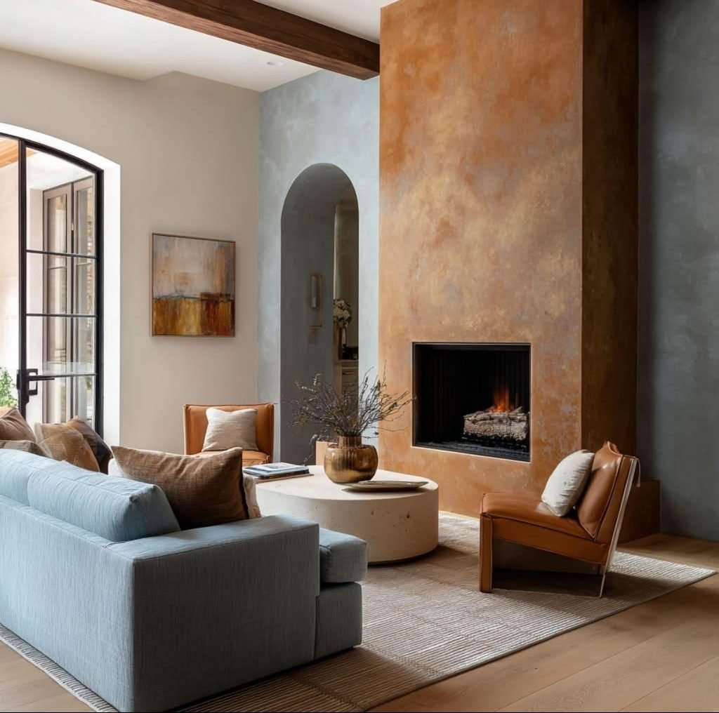terracota fireplace with dusty blue soffa