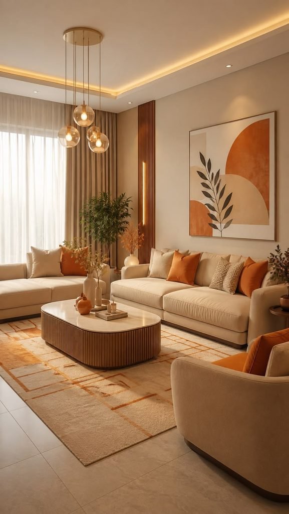 warm cream living room big decoration 