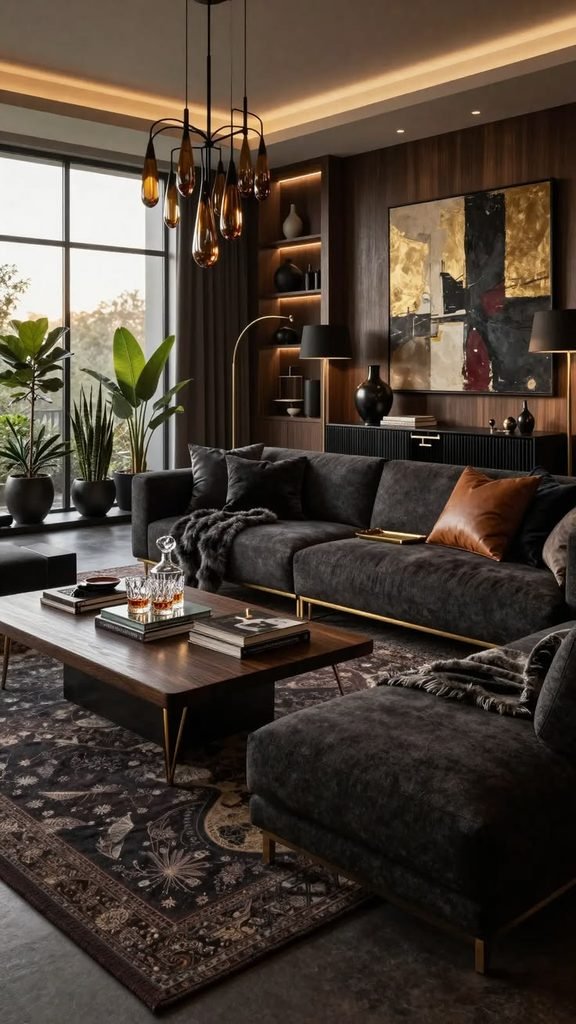 smooky charcoal living room artistic painting, vas and cozy