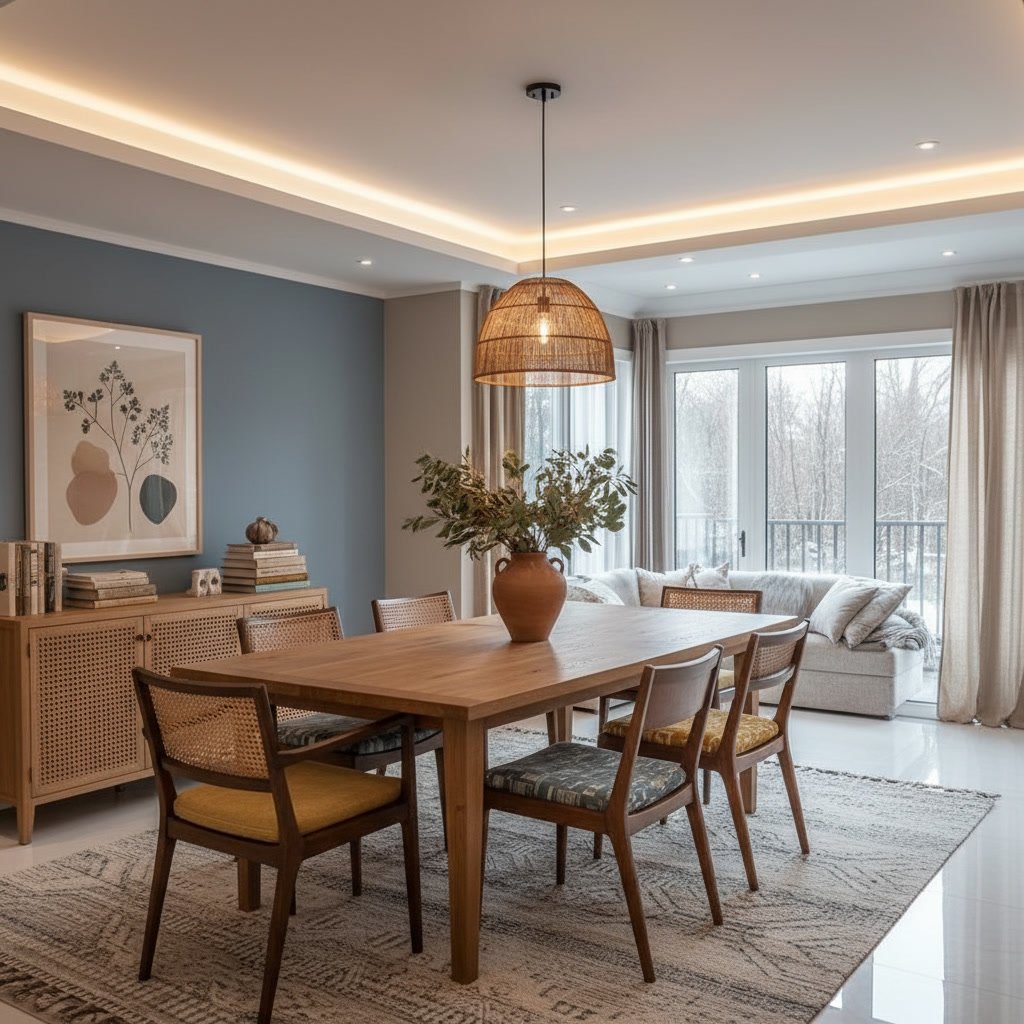 warm dining room with natural wood furniture and cozy decor