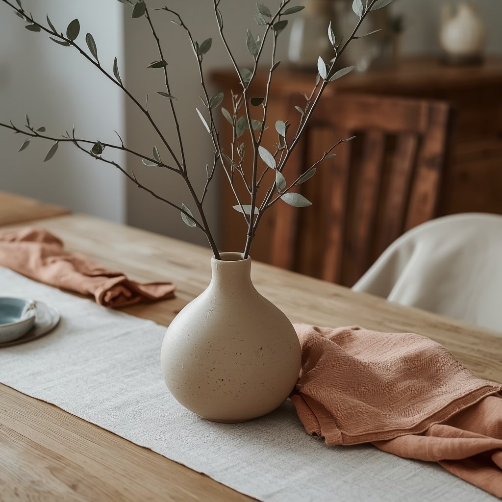 dining room table centerpiece with ceramic vase and natural decor