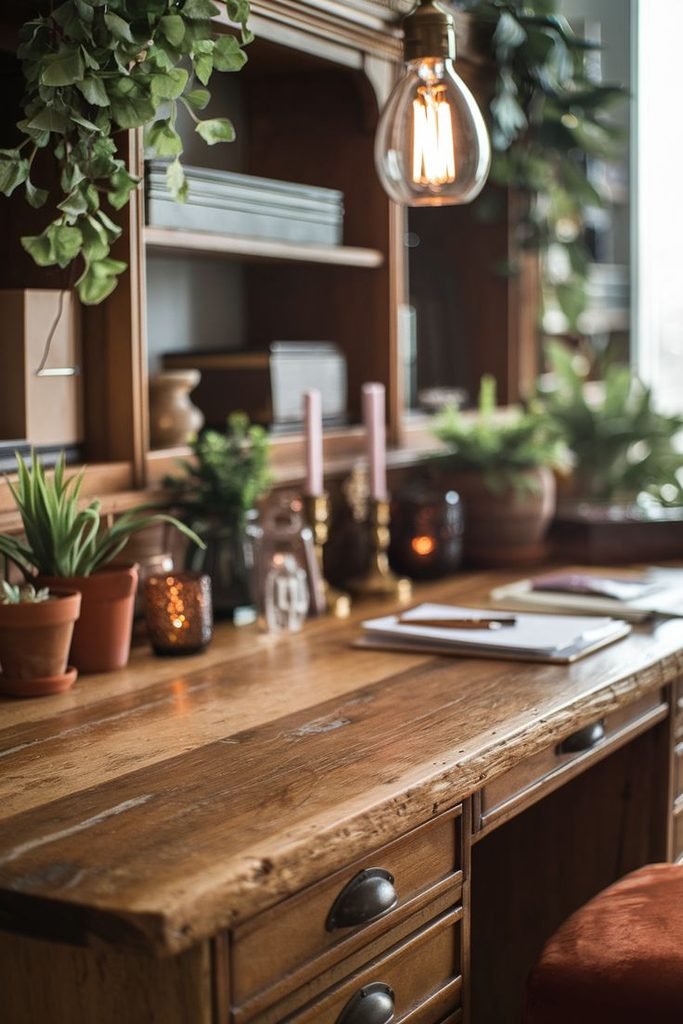 warm home office lighting with desk lamp and cozy decor