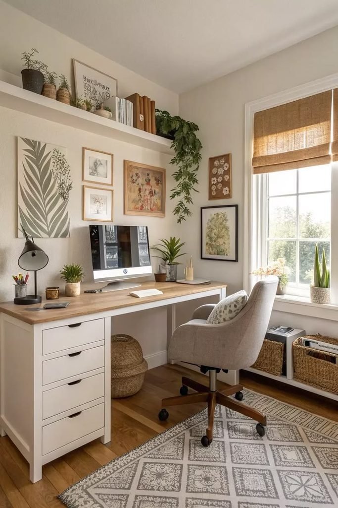 home office gallery wall above a warm wooden desk