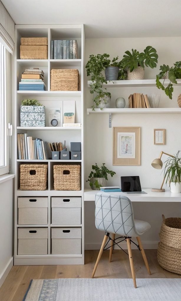 colorful small home office corner with wood, artwork, and plants