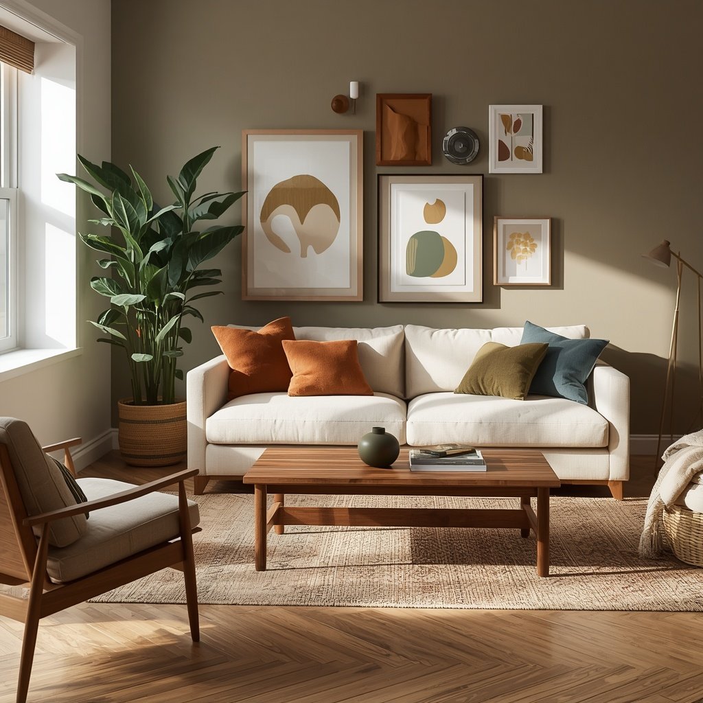 modern bohemian living room with terracotta, olive green, warm wood, and layered decor