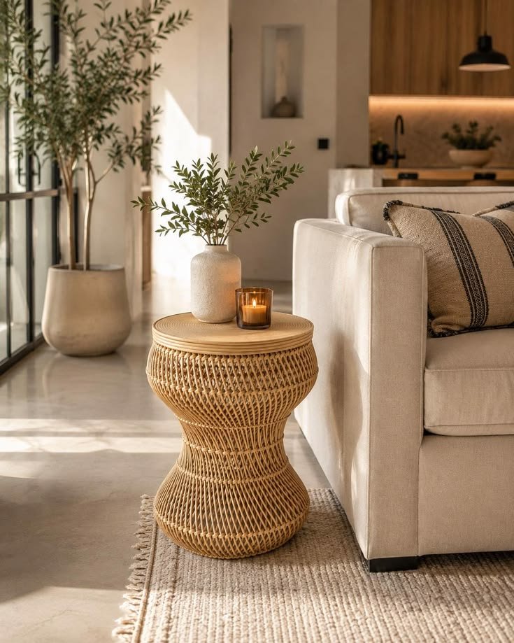 modern boho living room with rattan chair, wood furniture, and natural textures
