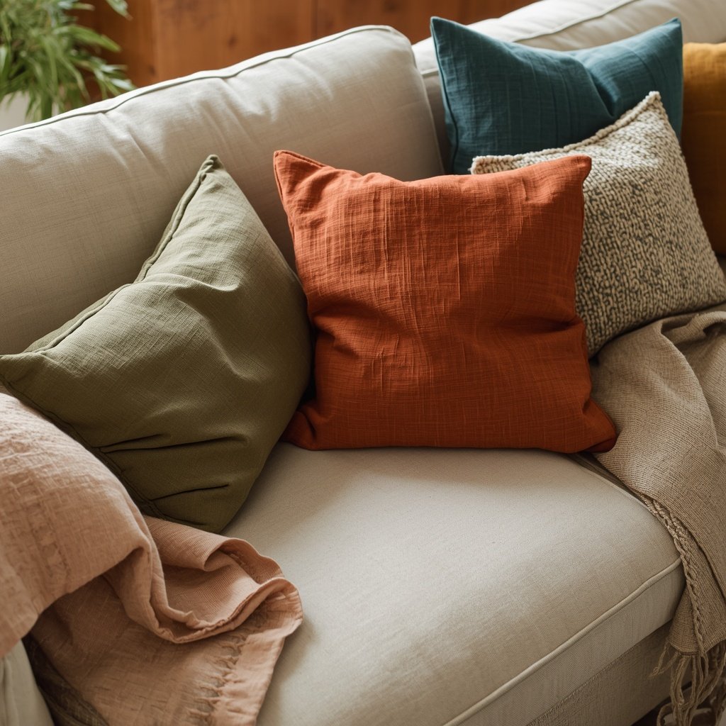 colorful boho cushions in terracotta, teal, olive, and dusty blue