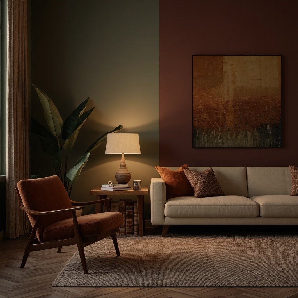 moody modern bohemian living room with olive wall and warm evening lighting