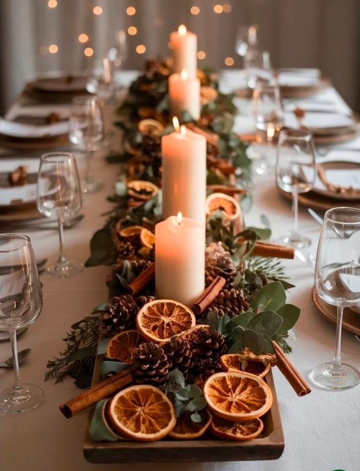 Christmas table centerpiece with dried orange slices, evergreen branches, pinecones, and natural linen