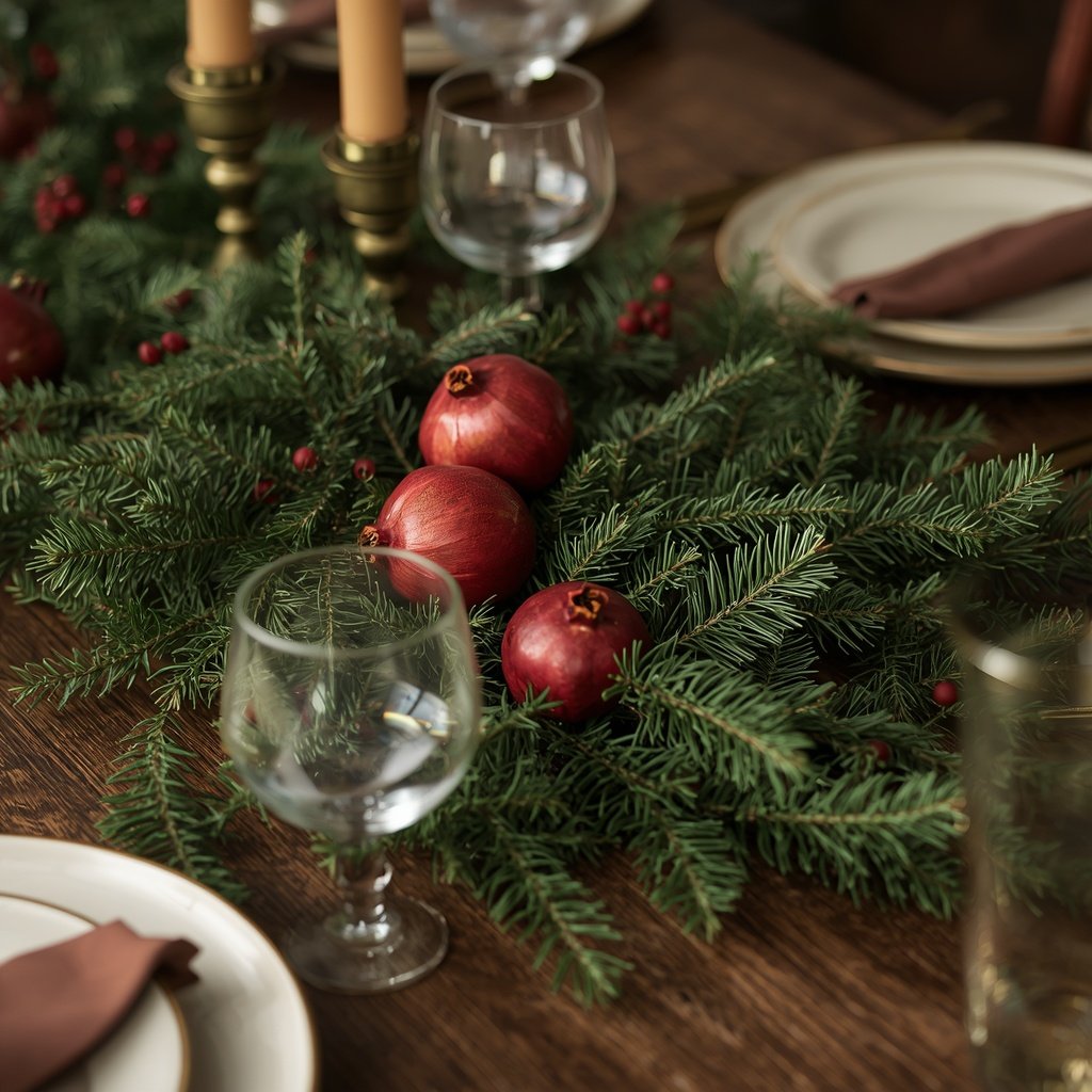 Christmas table centerpiece with evergreen branches, deep red pomegranates, and simple brass accents