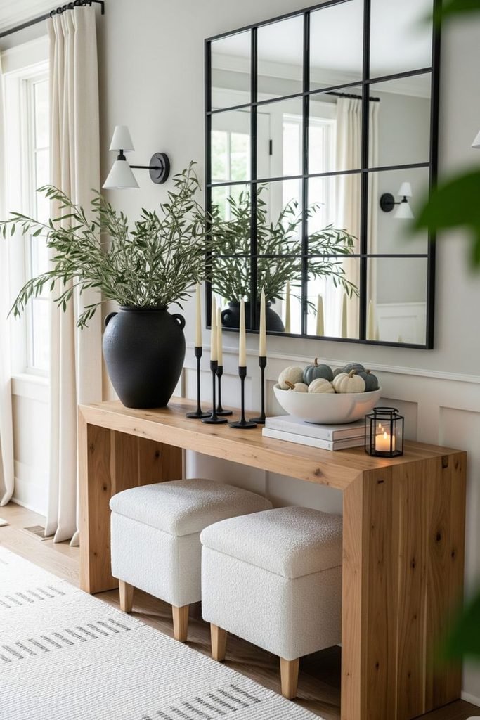 Narrow warm-wood console in a small entryway