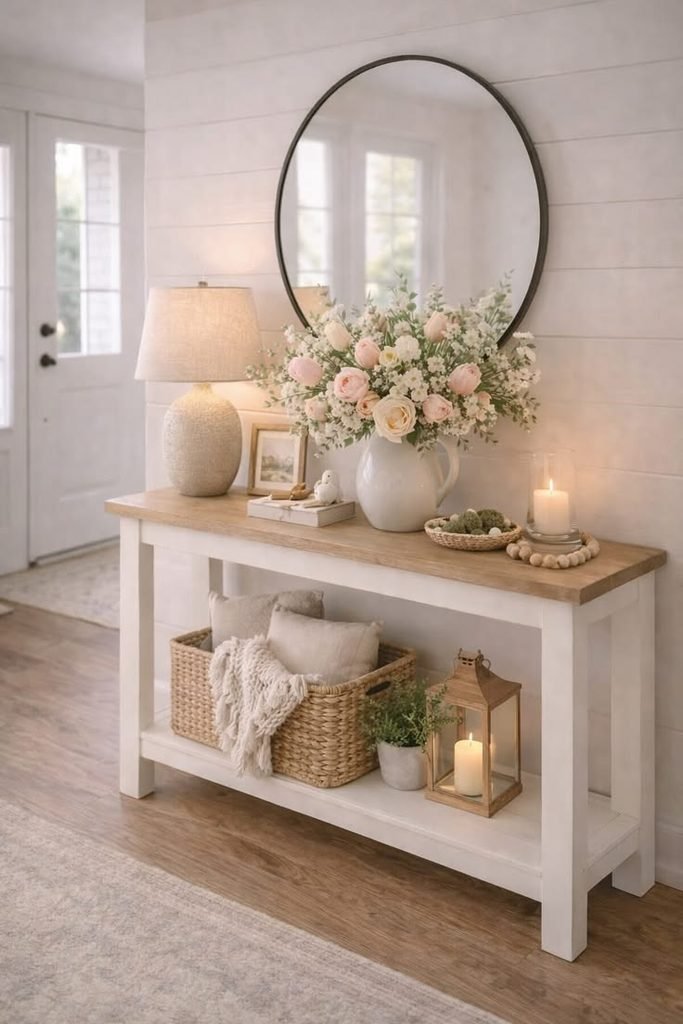 Round wood-framed mirror above console